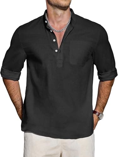 Men's Cotton Linen Henley 3/4 Roll Sleeve Casual Shirt (2